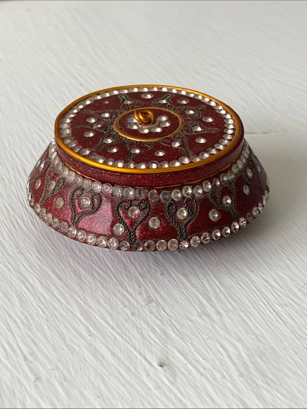 Mediterranean Embellished Trinket Box - Deep Red with Rhinestones & Glitter